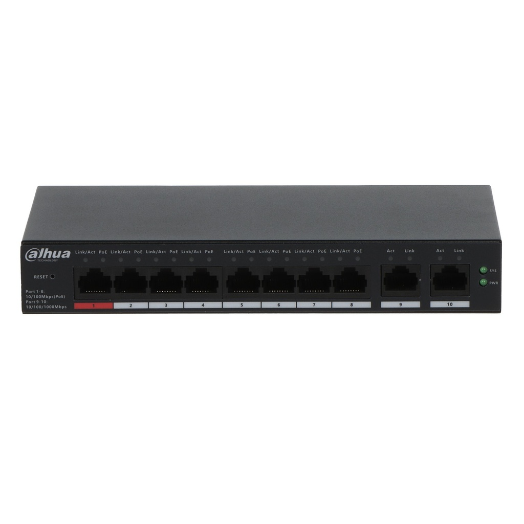 [DH-CS4010-8ET-110] Dahua - Switch de 10 Puertos 8 Puertos PoE 10/100 2 Puertos Uplink 10/100/1000 110W Totales Administrable en la Nube por DoLynk Care PoE 250 Metros Switching 5.6 Gbps