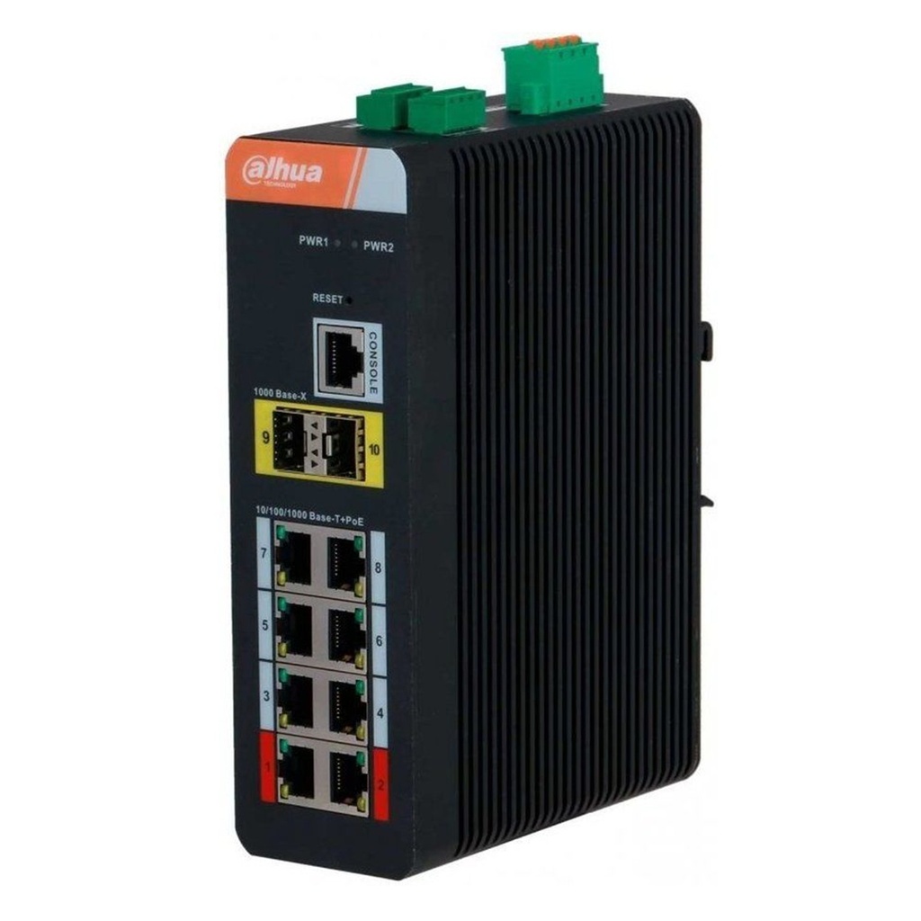 [DH-IS4210-8GT-120] Dahua - Switch Industrial L2 de 10 Puertos con 8 PoE Gigabit 2 Puertos SFP Gigabit 1 Puerto Consola Transmisión PoE de 250m (10 Mbps) Entrega PoE Total de 120W