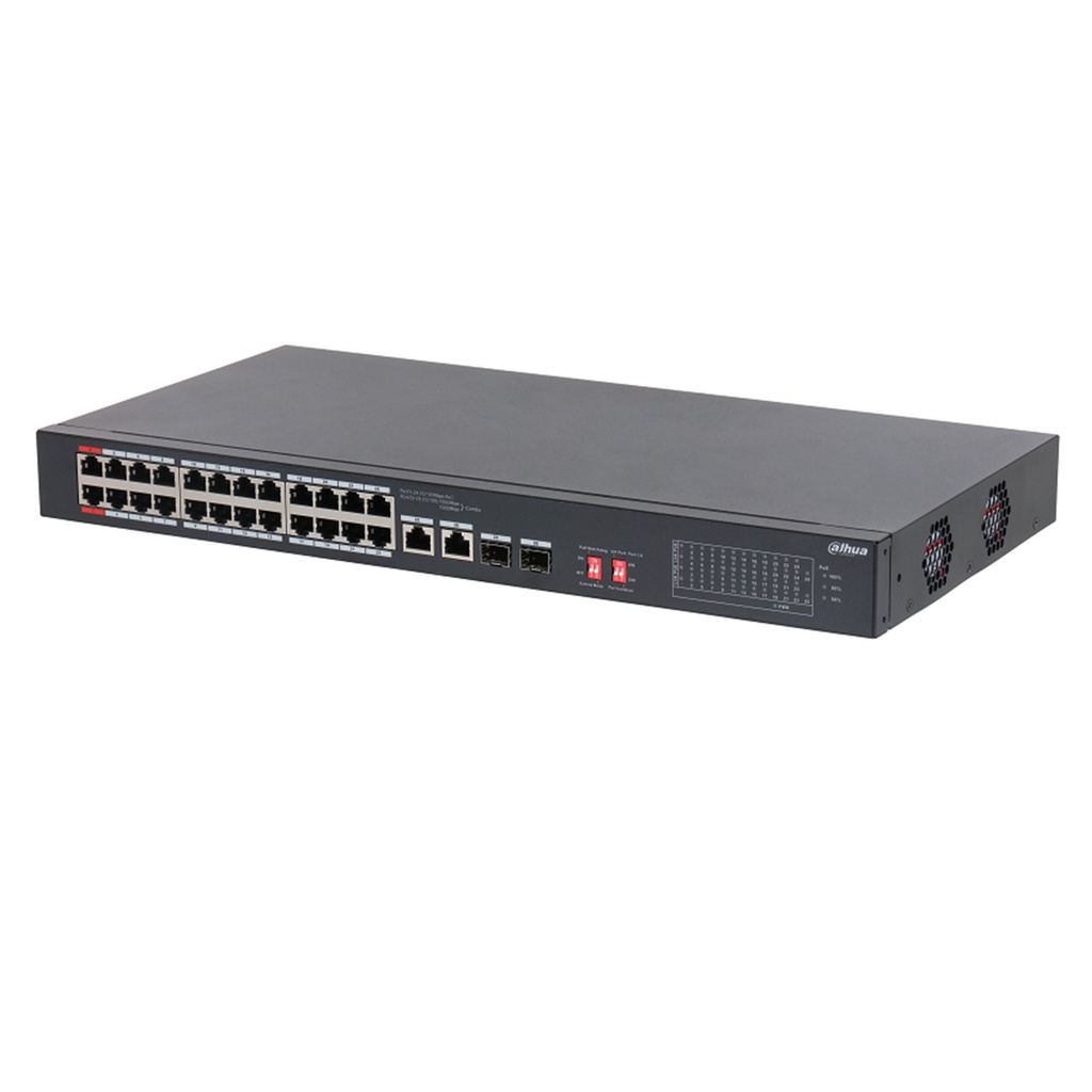 [DH-PFS3226-24ET-240] Dahua - Switch de 26 Puertos 24 Puertos PoE 10/100 240 Watts Totales Puerto 1 y 2 Soportan 60 Watts Hi-PoE 2 Puertos SFP PoE Watchdog Switching 8.8 Gbps Tasa de Reenvio de paquetes 6.5472