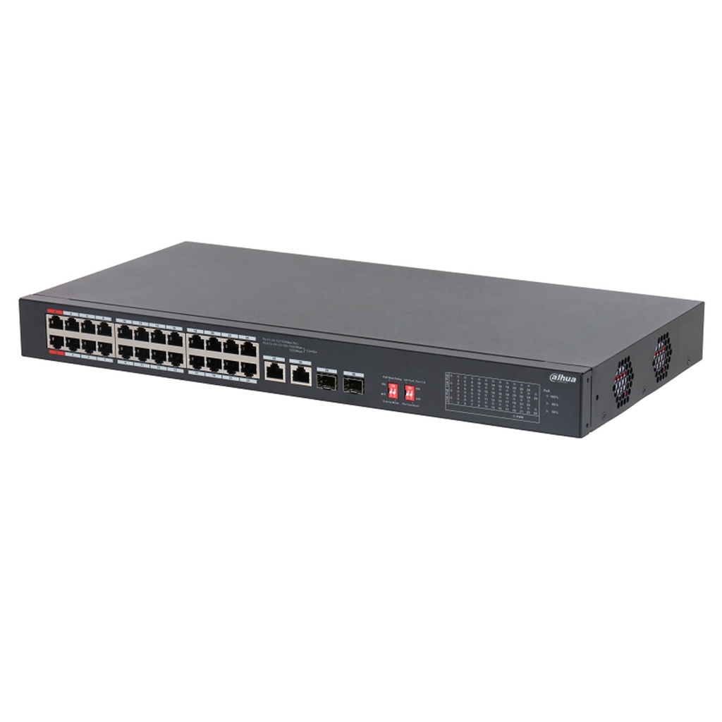 [DH-S3226-24ET-240] Dahua - Switch PoE para Montaje en Rack de 26 Puertos con 24 Puertos PoE (10/100 Mbps) 2 Puertos Uplink (Gigabit) y 2 Puertos SFP (Gigabit) Carcasa Metálica Total PoE 240W [No Administrable]