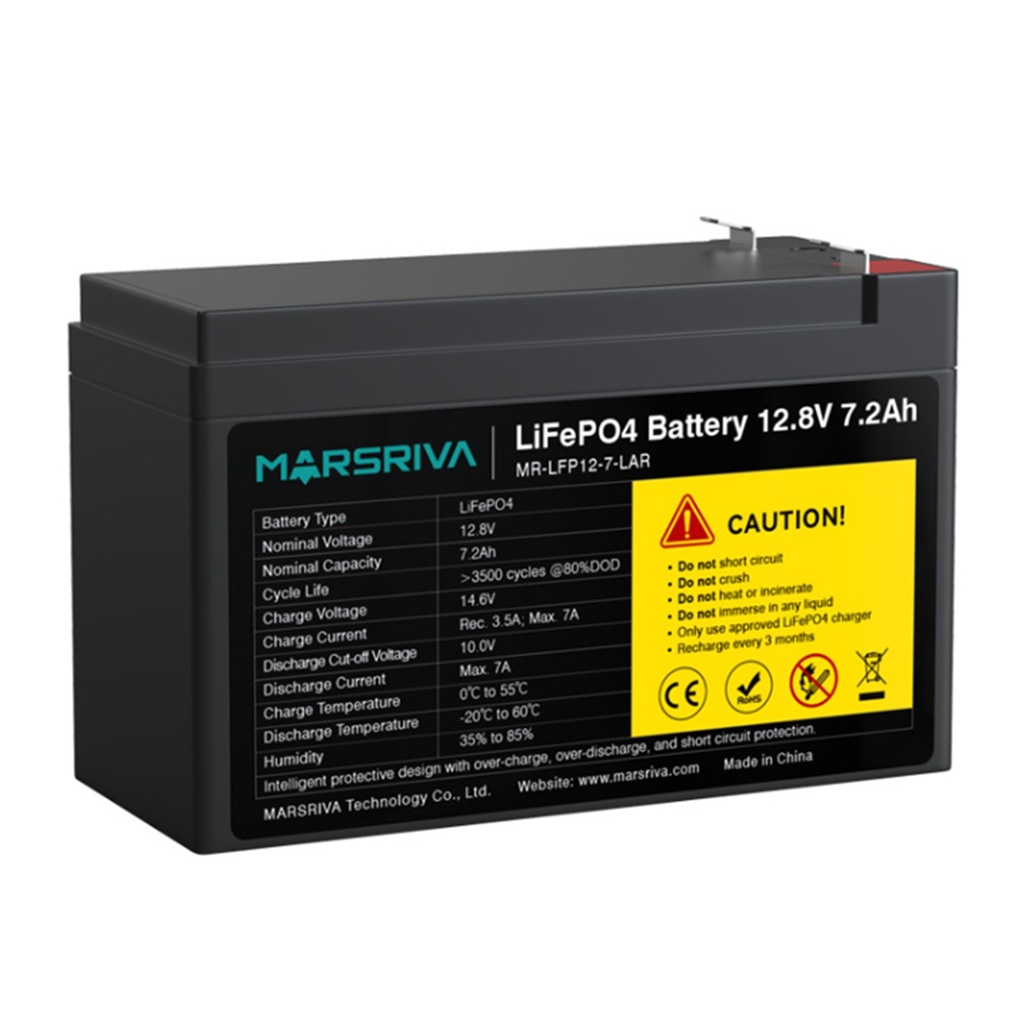 [MR-LFP12-7-LAR] Marsriva - Batería de Litio de Reemplazo de Plomo-Ácido 12.8V 7.2Ah (92.16Wh / 12.8V / 7.2Ah) Entrada de CC de 12-45V