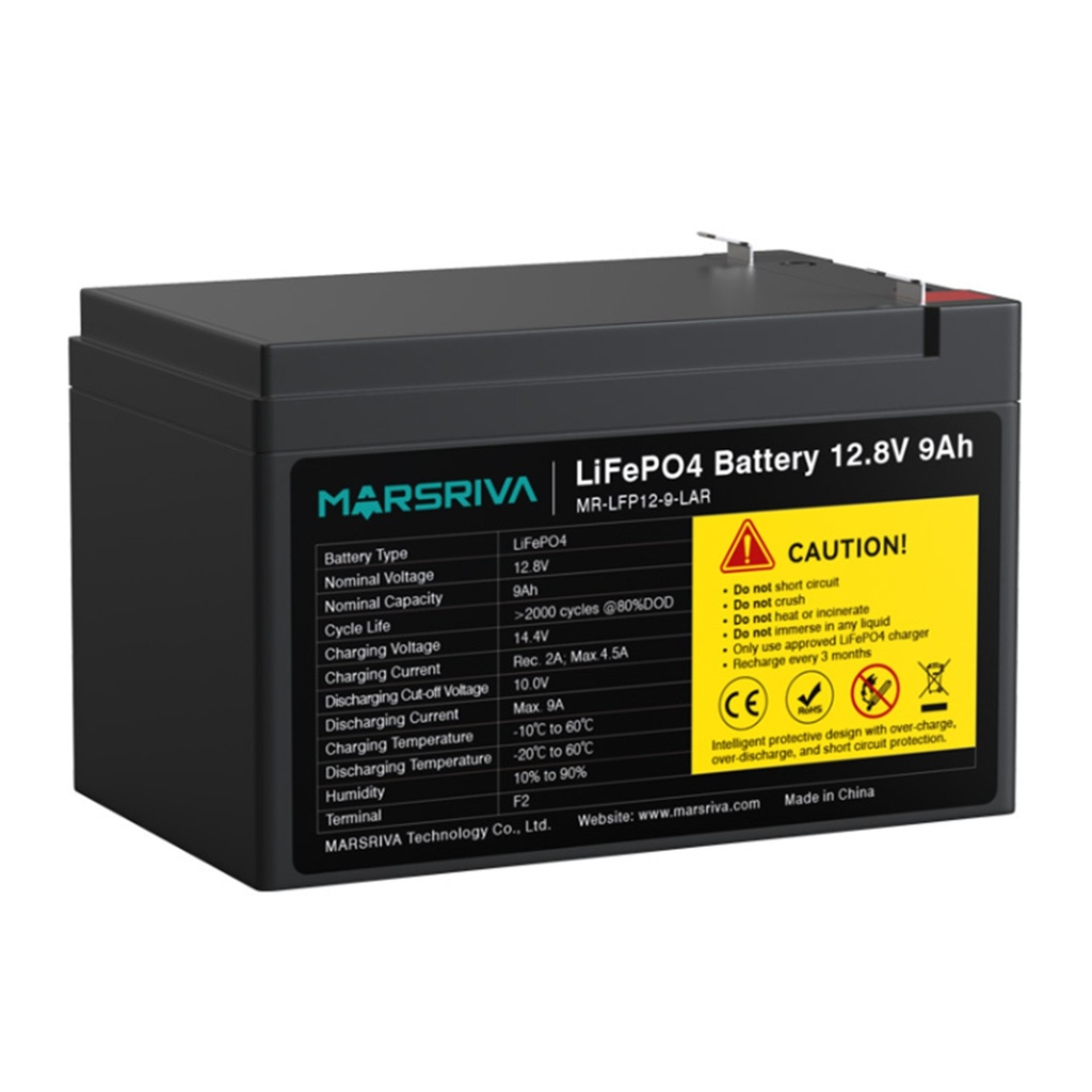 [MR-LFP12-9-LAR] Marsriva - Batería de Litio de Reemplazo de Plomo-Ácido 12.8V 9Ah (15.2Wh / 12.8V / 9Ah)