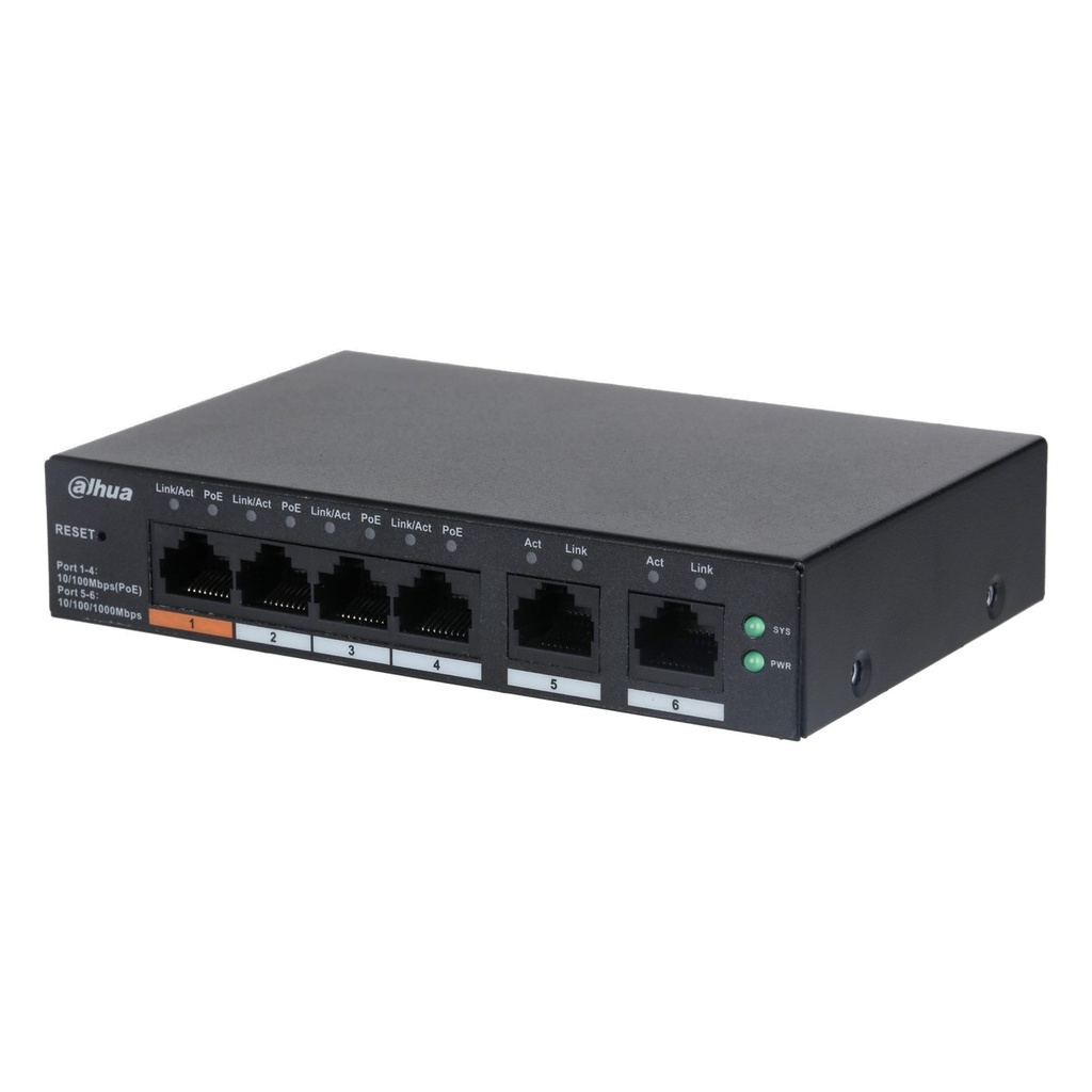 [DH-CS4006-4ET-60] Dahua - Switch PoE de 6 Puertos Administrable 4 Puertos PoE 10/100 2 Puertos Uplink 10/100/1000 60W Totales Administrable en la Nube PoE Hasta 250 Metros Switching 4.8 Gbps Carcasa Metalica