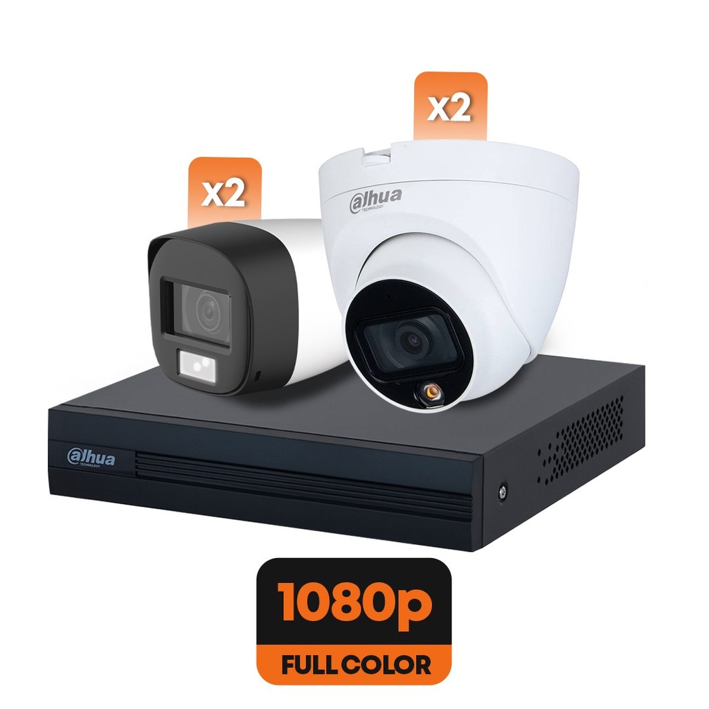 [COMBO-XVR] Dahua - Kit 4 Cámaras de Seguridad 2 Domo 1080P [2MP] 2 Bullet 1080P [2MP] y XVR 1080n / 720p 4CH con SMD Plus para Detección Avanzada [Serie Cooper]