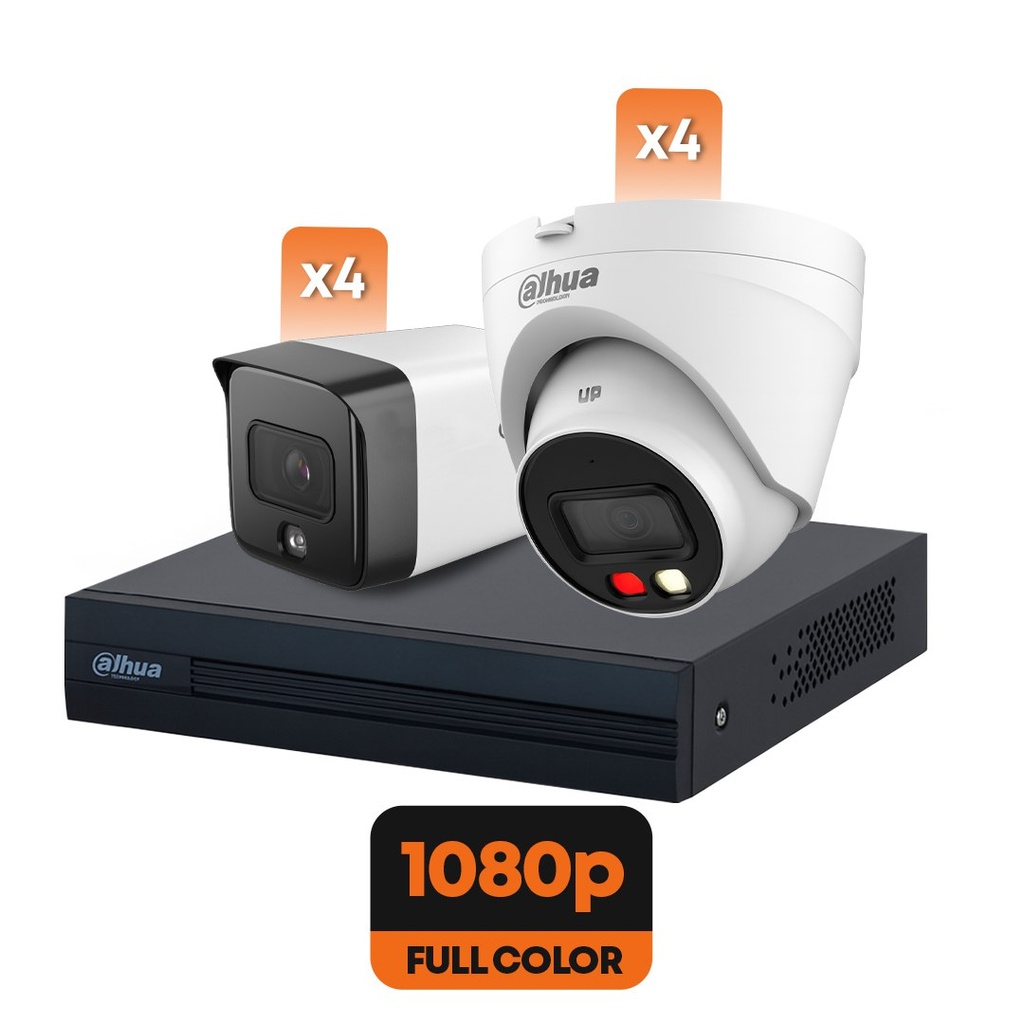 [COMBO-NVR] Dahua – Kit 8 Cámaras de Seguridad 4 Domo 1080P [2MP] 4 Bullet 1080P [2MP] y NVR 8CH con 8 Poe H.265 1 HDD [Serie 1]