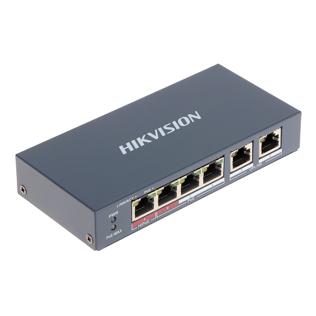 [DS-3E0106HP-E(O-STD)] Hikvision - Switch PoE+ No Administrable 3 Puertos 10/100 Mbps 802.3 af/at (30 W) + 1 Puerto 10/100 Mbps Hi-PoE (60 W) 2 Puertos 10/100 Mbps Uplink Modo Extendido hasta 300 Metros 60W
