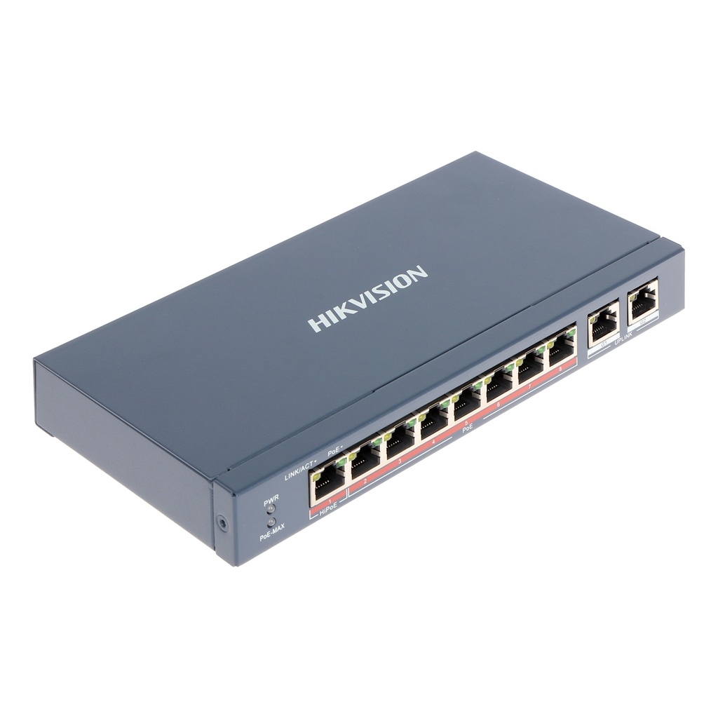 [DS-3E0310HP-E(O-STD)] Hikvision - Switch PoE+ No Administrable 7 Puertos 10/100 Mbps 802.3 af/at (30 W) 1 Puerto 10/100 Mbps Hi-PoE (90 W) 2 Puertos 1000 Mbps Uplink Modo Extendido hasta 300 Metros 110W