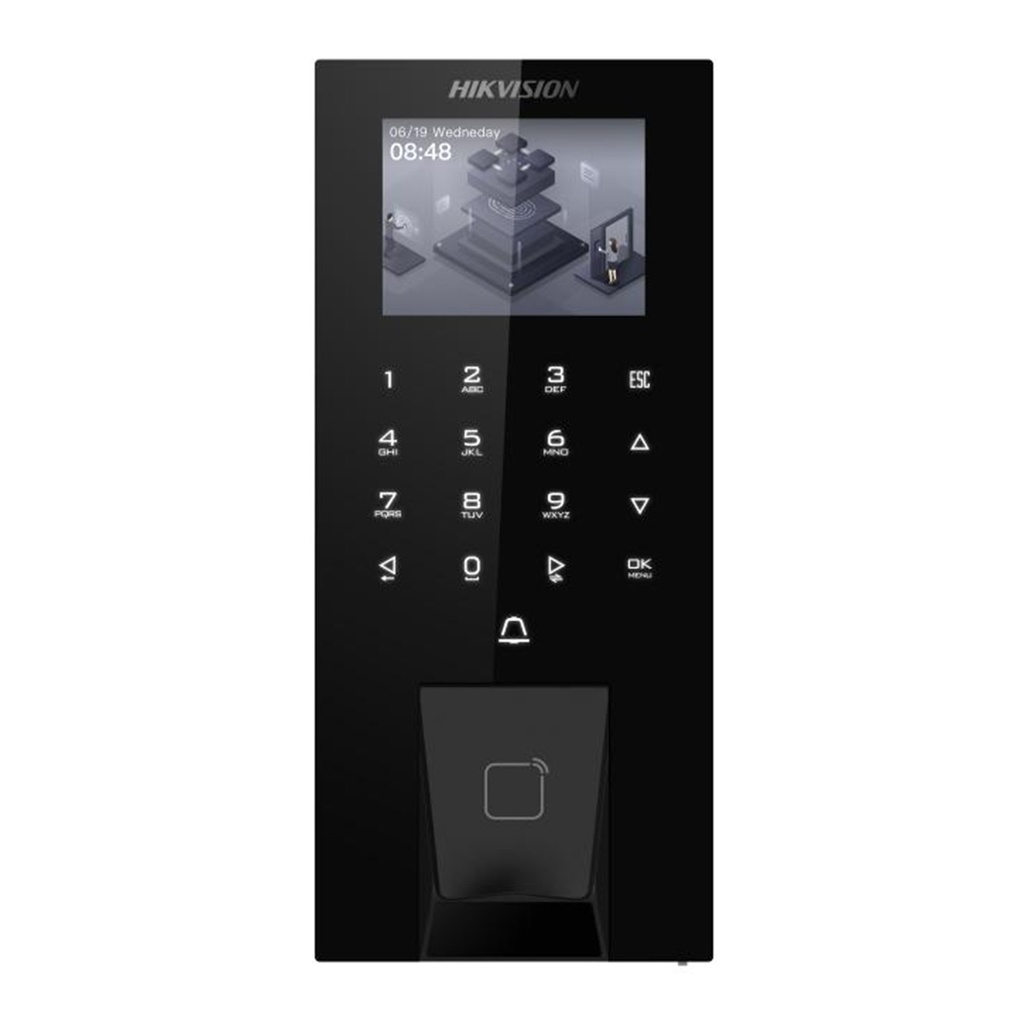 [DS-K1T807EBFWX-E1(O-STD)] Hikvision - Terminal de Control de Acceso y Asistencia PoE y WiFi con Huella Tarjeta EM PIN Exterior IP65