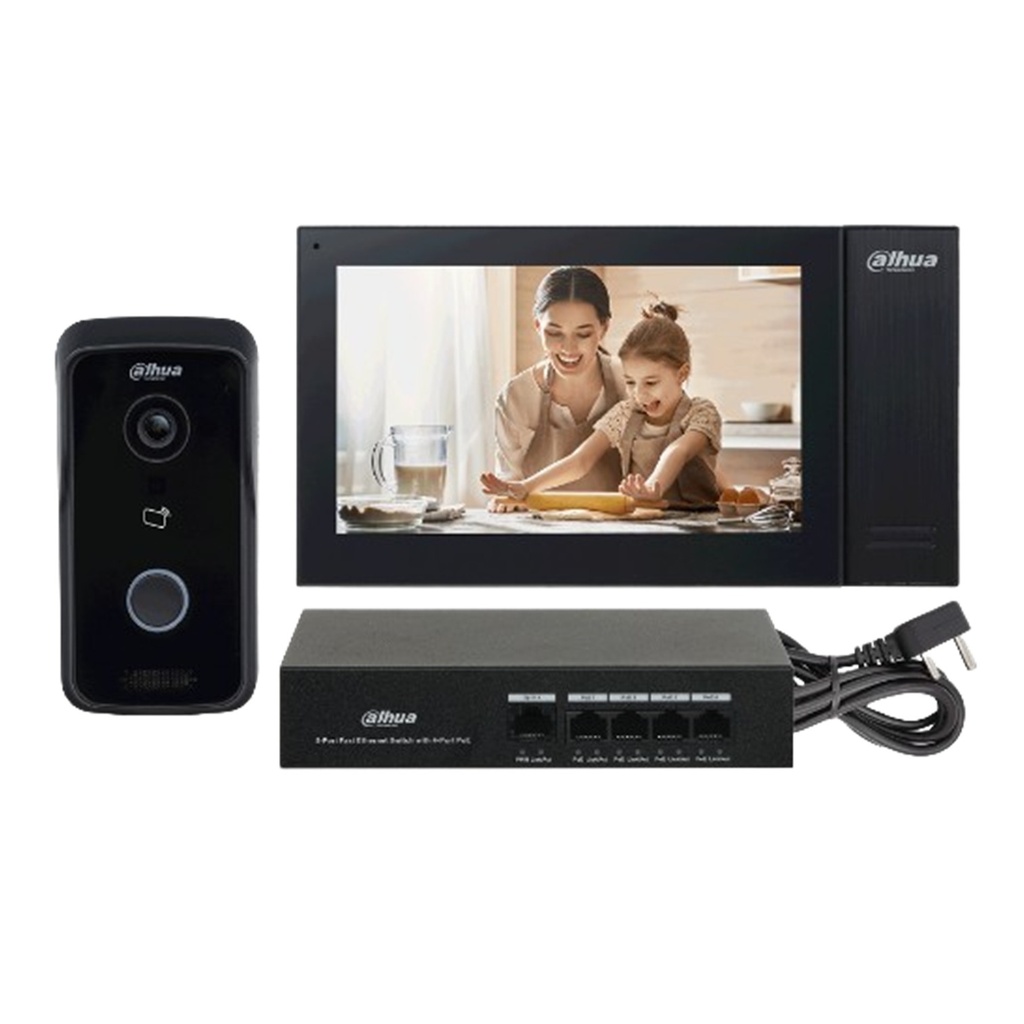 [DHI-KTP02] Dahua - Kit de Videoportero IP con Monitor Táctil de 7" Frente de Calle con Apertura remota y Tarjetas Mifare (IC Card) Incluye Switch PoE de 4 Puertos 10/100