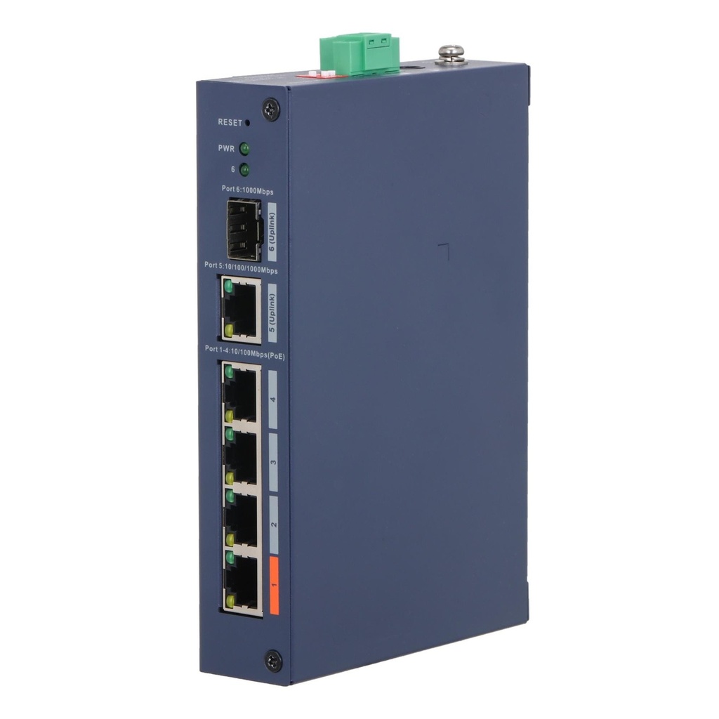 [DH-CHS4106-4ET-60] Dahua - Switch Cloud L2 Industrial PoE de 6 Puertos con 4 Puertos RJ-45 PoE (10/100 Mbps) 1 Puerto RJ-45 Uplink (Gigabit) y 1 Puerto SFP Uplink (1000 Mbps) Gestión en Nube Carcasa Metálica Total PoE 60W [Administrable]