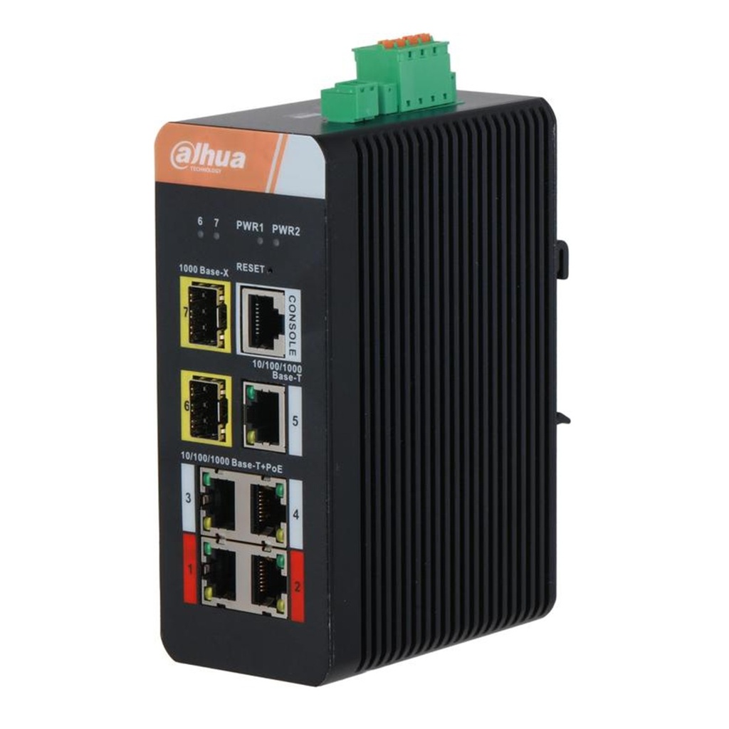 [DH-IS4207-4GT-120] Dahua - Switch Cloud L2 Industrial PoE de 7 Puertos con 4 Puertos RJ-45 PoE (Gigabit) y 2 Puertos SFP (1000 Mbps) Gestión en Nube Carcasa Metálica Total PoE 120W [Administrable]
