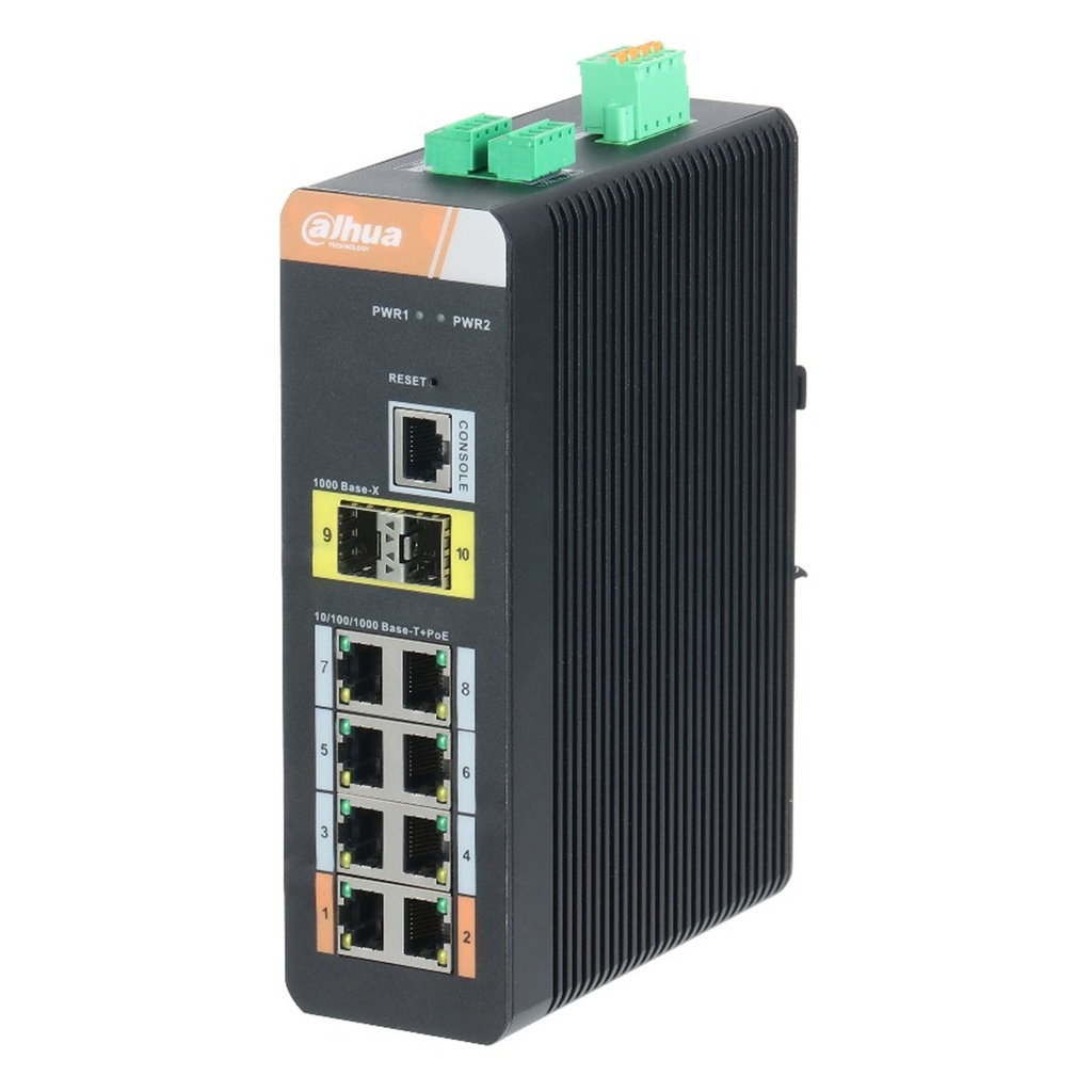 [DH-IS4210-8GT-120] Dahua - Switch Cloud L2 Industrial PoE de 10 Puertos con 8 Puertos RJ-45 PoE (Gigabit) y 2 Puertos SFP Uplink (1000Mbps) Gestión en Nube Carcasa Metálica Total PoE 120W [Administrable]