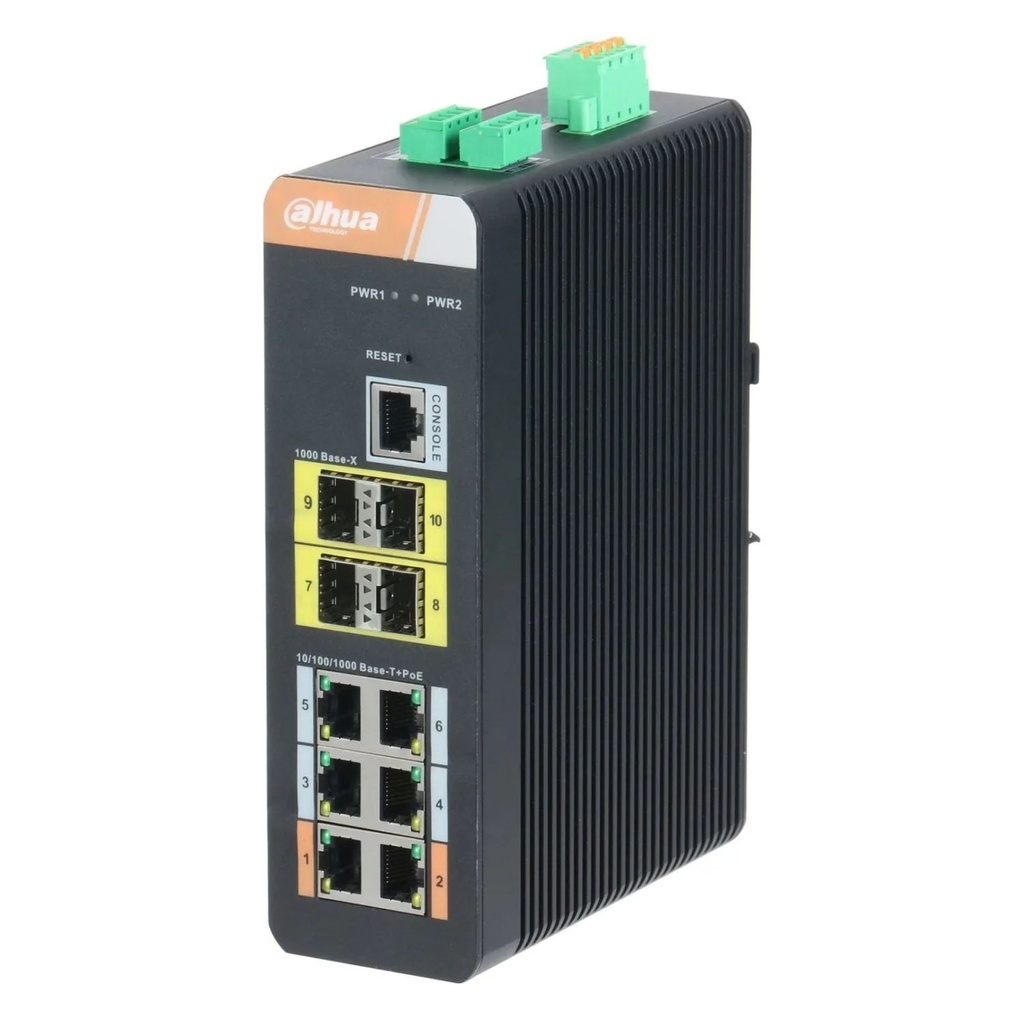 [DH-IS4410-6GT-120] Dahua - Switch Cloud L2 Industrial PoE de 10 Puertos con 6 Puertos RJ-45 PoE (Gigabit) y 4 Puertos SFP Uplink (1000Mbps) Gestión en Nube Carcasa Metálica Total PoE 120W [Administrable]
