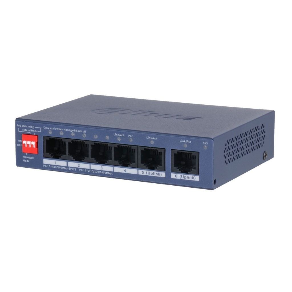 [DH-CS4006-4ET2GT-60] Dahua - Switch Cloud L2 PoE de 6 Puertos con 4 Puertos RJ-45 PoE (10/100 Mbps) y 2 Puertos RJ-45 Uplink (Gigabit) Gestión en la Nube Carcasa Metálica Total PoE 60W [Administrable]