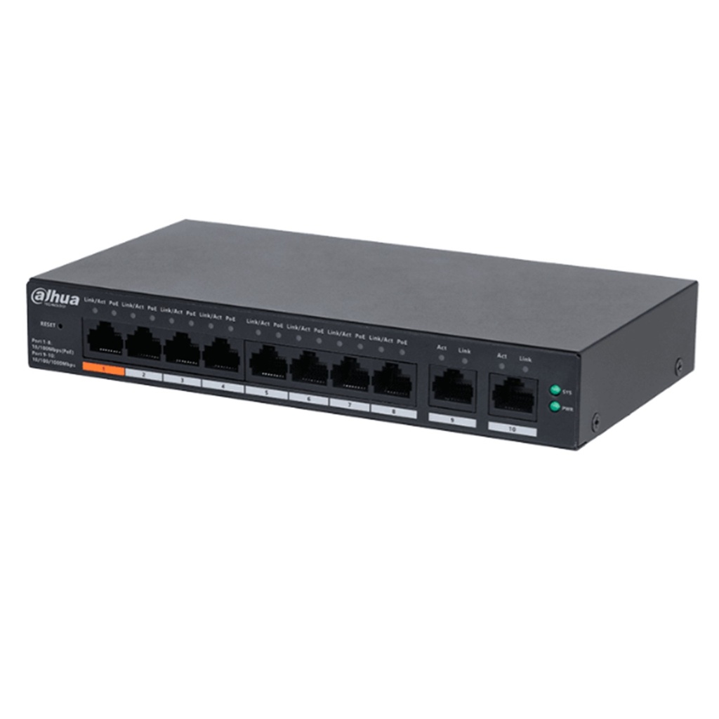 [DH-CS4010-8ET2GT-60] Dahua - Switch Cloud L2 PoE de 10 Puertos con 8 Puertos RJ-45 PoE (10/100 Mbps) y 2 Puertos RJ-45 Uplink (Gigabit) Gestión en la Nube Carcasa Metálica Total PoE 60W [Administrable]