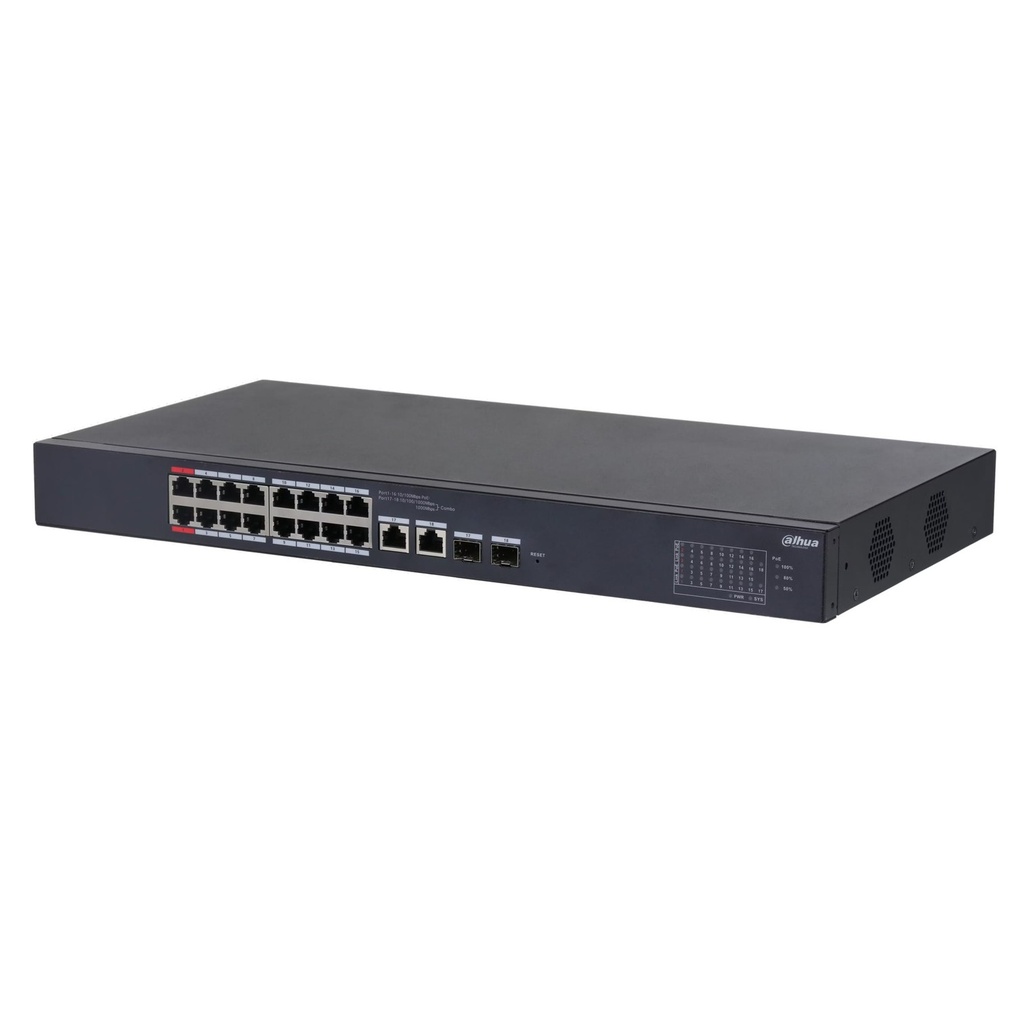 [DH-CS4218-16ET-135] Dahua - Switch Cloud L2 PoE de 18 Puertos con 16 Puertos RJ-45 PoE (10/100 Mbps) 2 Puertos RJ-45 Uplink (Gigabit) y 2 Puertos SFP (1000 Mbps) Gestión en la Nube Carcasa Metálica Total PoE 135W [Administrable]