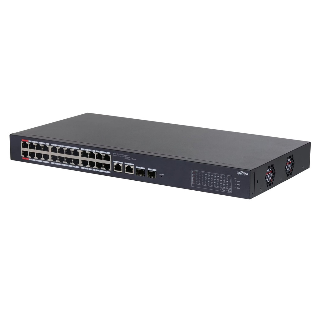 [DH-CS4226-24ET-240] Dahua - Switch Cloud L2 PoE de 26 Puertos con 24 Puertos RJ-45 PoE (10/100 Mbps) 2 Puertos RJ-45 Uplink (Gigabit) y 2 Puertos SFP (1000 Mbps) Gestión en la Nube Carcasa Metálica Total PoE 240W [Administrable]