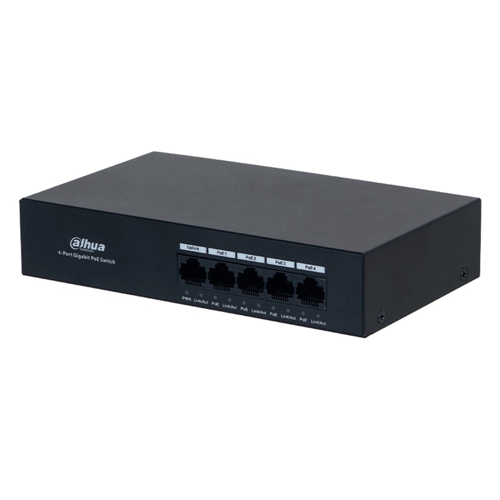 [DH-PFS3005-4GT-36] Dahua - Switch L2 PoE para Escritorio de 5 Puertos con 4 Puertos PoE (Gigabit) y 1 Puerto Uplink (Gigabit) Carcasa Metálica Total PoE 36W [No Administrable]
