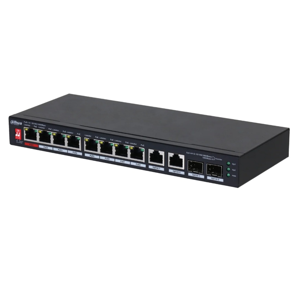 [DH-PFS3210-8GT2GF-96] Dahua - Switch PoE para Escritorio de 10 Puertos con 8 Puertos PoE (Gigabit) 2 Puertos Uplink (Gigabit) y 2 Puertos SFP (Gigabit) Carcasa Metálica Total PoE 96W [No Administrable]
