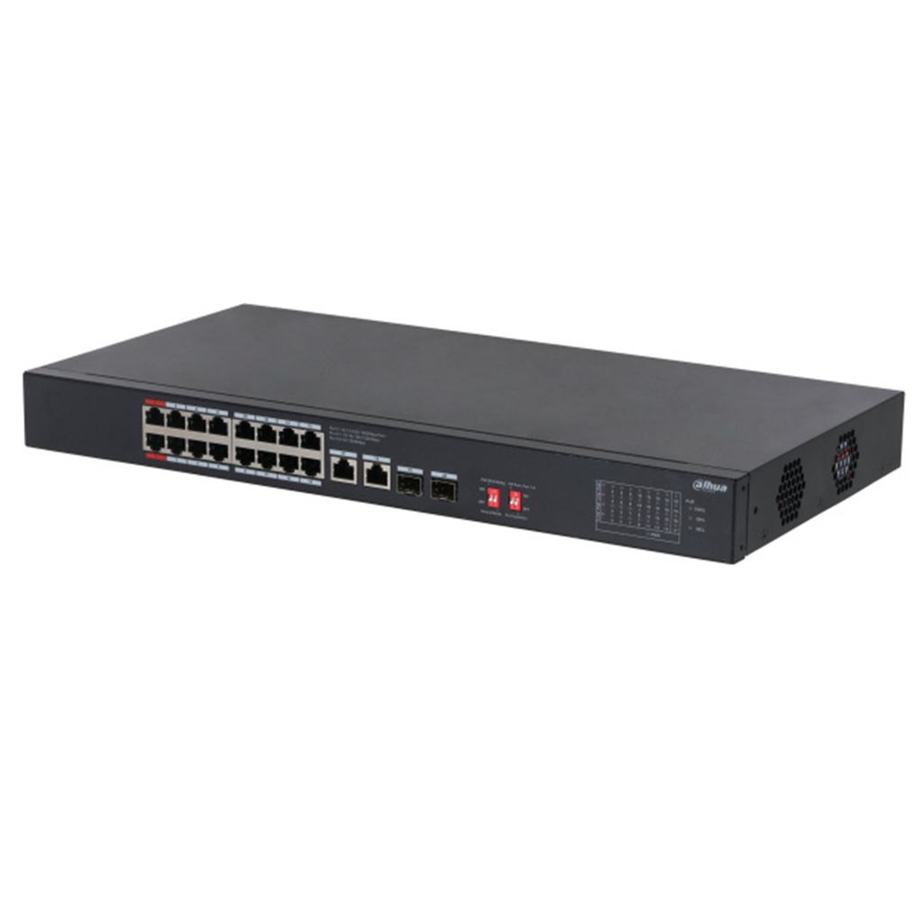 [DH-S3220-16GT-240] Dahua - Switch PoE para Montaje en Rack de 20 Puertos con 16 Puertos PoE (Gigabit) 2 Puertos Uplink (Gigabit) y 2 Puertos SFP (Gigabit) Carcasa Metálica Total PoE 240W [No Administrable]