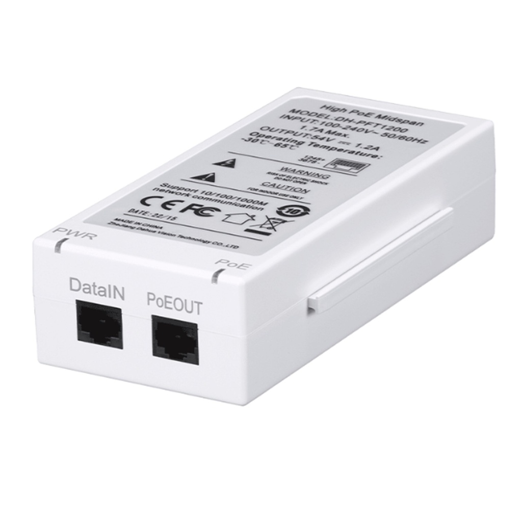 [PFT1200] Dahua - Inyector Hi-Poe Midspan Gigabit Soporta PoE PoE+ Hi-PoE 60W para PTZ Indicadores Led de Status Funciona con Extensor PFT1300 para conexión en Cascada