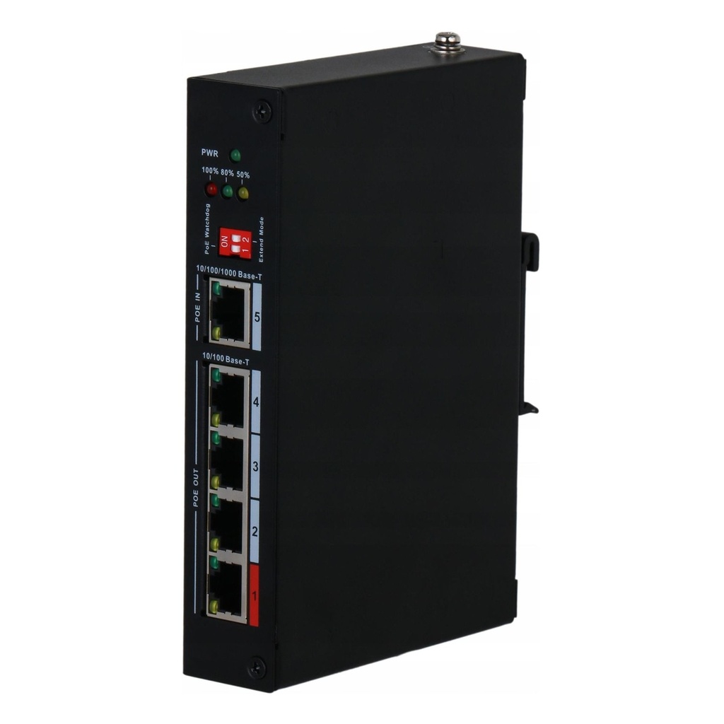 [DH-PFT1500] Dahua - Extensor PoE de 5 Puertos con 4 Salidas PoE y 1 Entrada PoE (4 Puertos 10/100Mbps 1 Puerto Uplink 10/100/1000Mbps PoE In 3 Puertos PoE Out 802.3af/at 1 Puerto PoE Out 802.3bt) PoE Watchdog PoE Extendido hasta 250m
