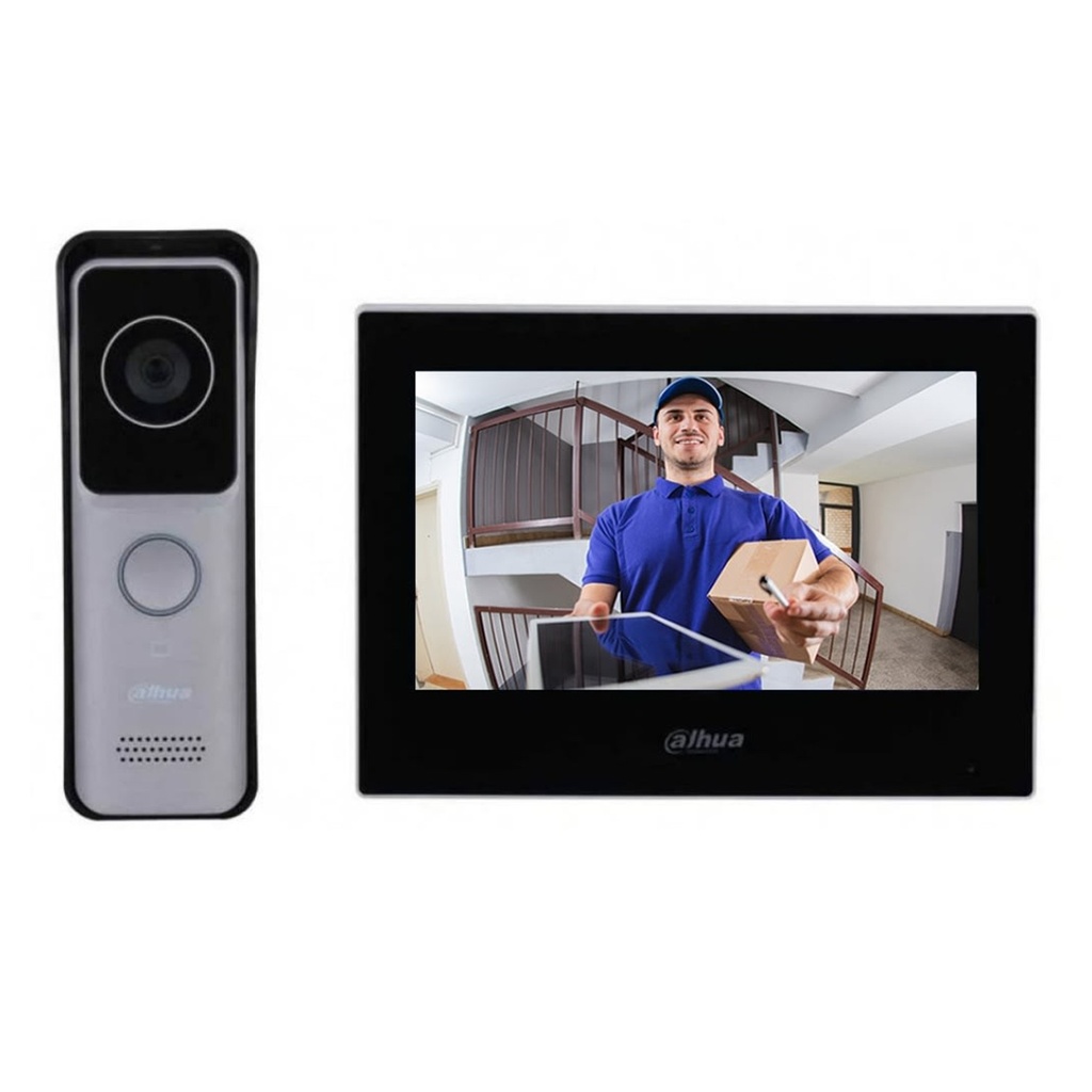 [DHI-KTW02] Dahua - Kit de Videoportero con Puerto PoE IP y Wi-Fi Monitor de 7" Frente de Calle con Camara de [2Mp] Ranura MicroSD hasta (max. 256 GB) Apertura de Puerta Soporta Hasta 3000 Tarjetas IC Mifare