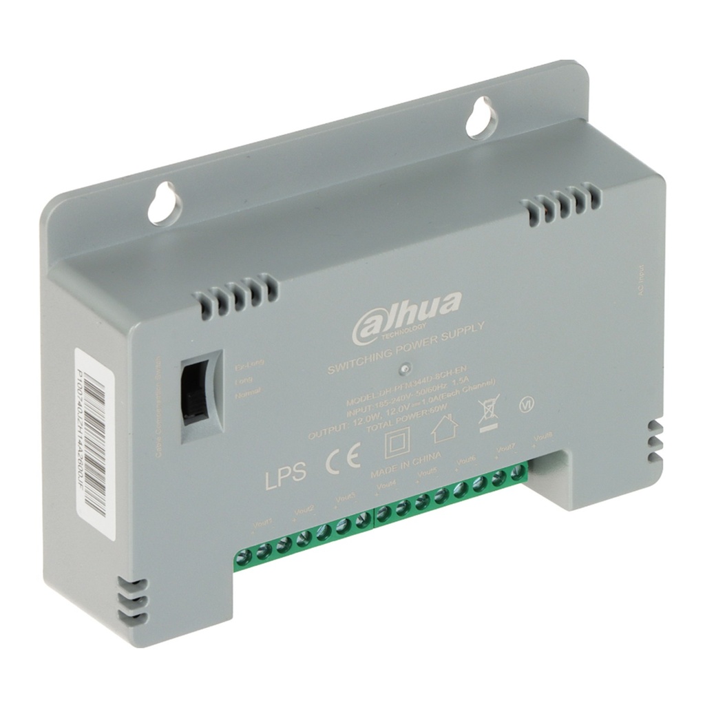 [DH-PFM344D-8CH-US-V2] Dahua - Fuente de Poder con Distribuidor para 8 Canales 12V 4 Amp 60W Voltaje de Salida Ajustable de 12V/13.5V/15V Protección de Voltaje Protección Contra Fuego V-0 Certificación FCC