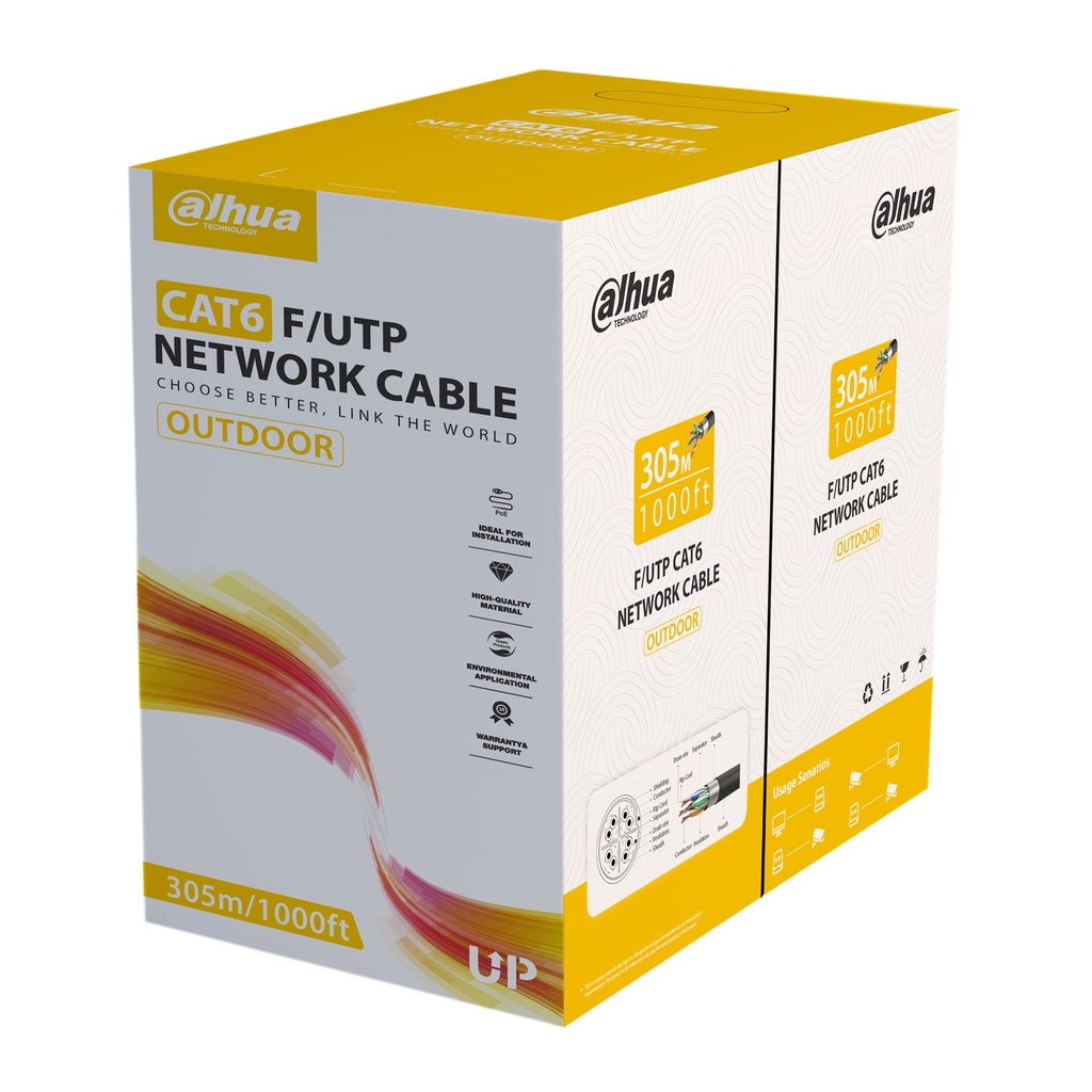 [DH-PFM920-6UN-black] Dahua - Cable UTP CAT6 (Categoria 6) 100% Cobre Exterior 0.57MM 23 AWG Negro [Caja 305 Metros]