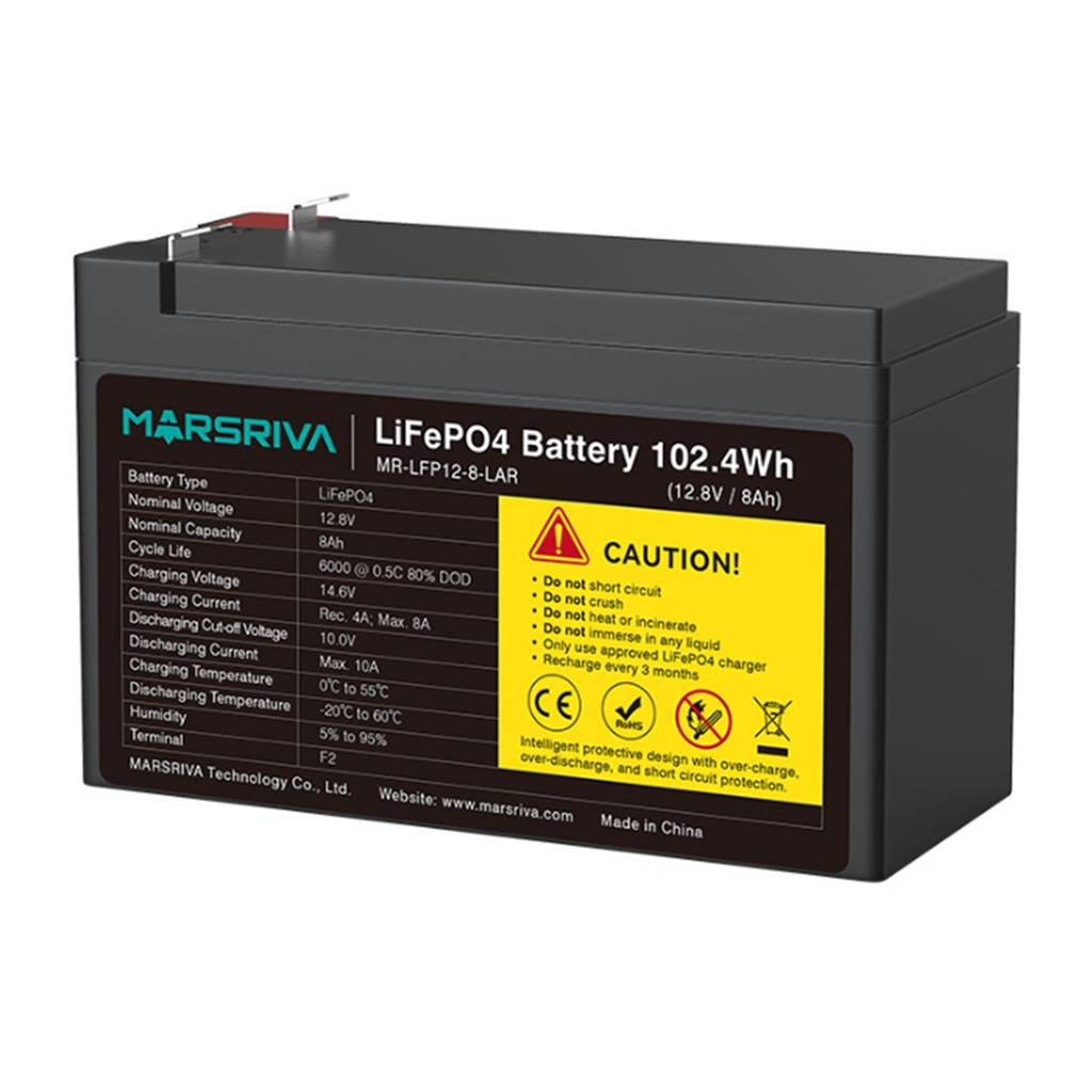 [MR-LFP12-8-LAR] Marsriva - Batería de Litio de Reemplazo de Plomo-Ácido 12.8V 8Ah (102.4Wh / 12.8V / 8Ah)