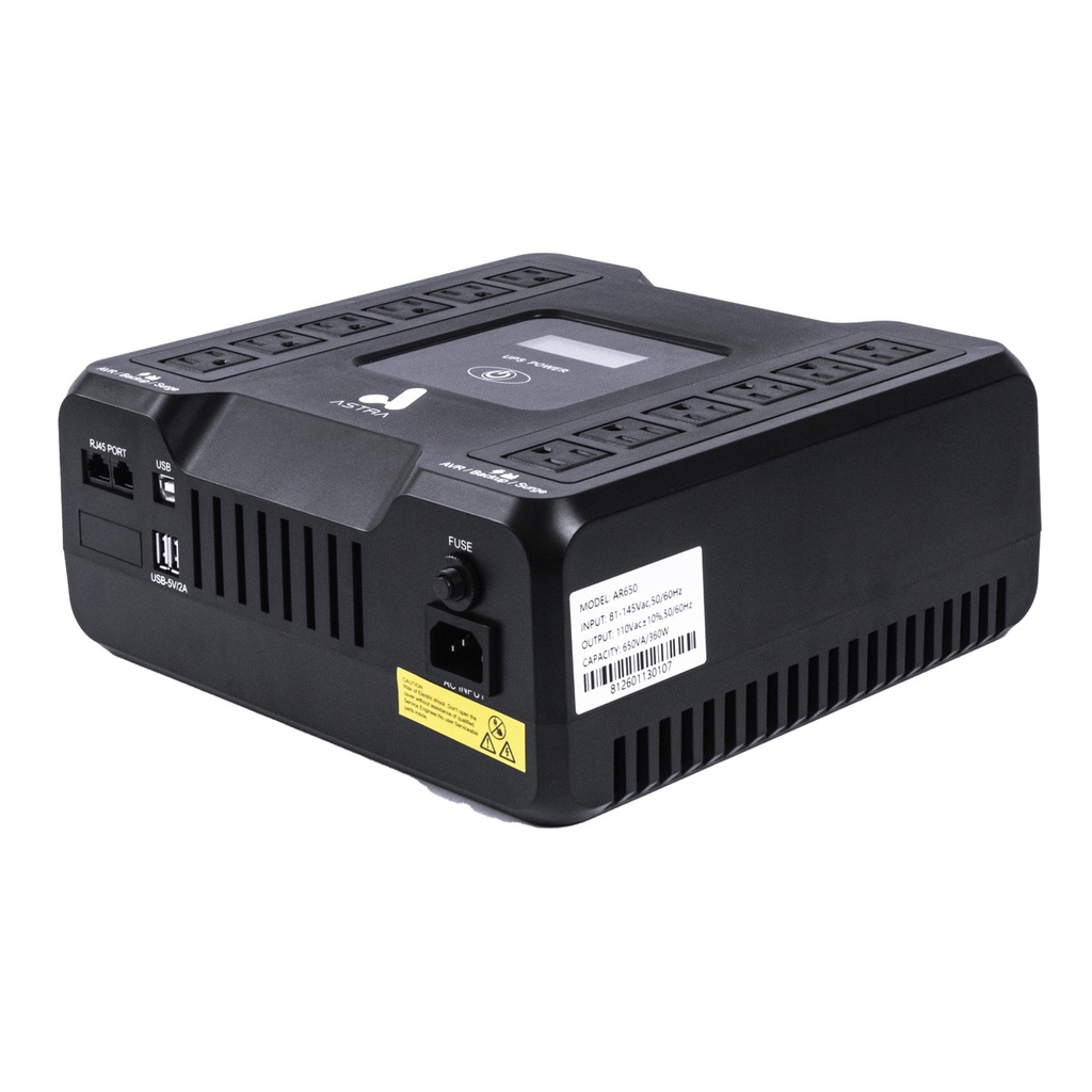 [AR650] Astra - UPS 650Va/360W 110V 12 Nemas 50-60Hz con Puerto USB & RJ45 Panel LCD