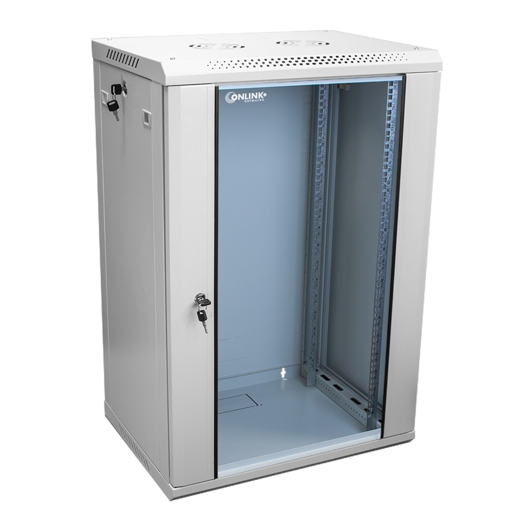 [WM6418-450-RAL7035] Onlink - Rack de Pared [18U] Cerrado Fijo 600x450x901mm con 3 Cerraduras y Puerta de Vidrio [Gris Luminoso]
