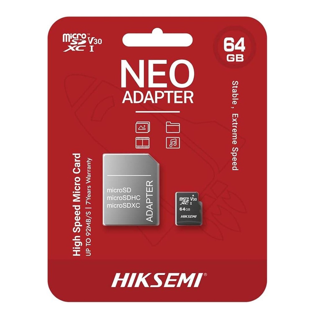 [HS-TF-C1-64GB/Adapter] Hiksemi By Hikvision- Memoria Flash 64GB microSDXC Clase 10 NEO con Adaptador