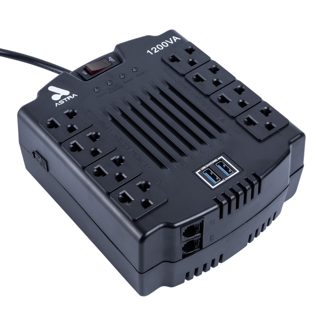 [ASRV1200VA] Astra - Regulador Automático de Voltaje 120V 1200VA/600W [8] x Tomas y [2] x USB-A