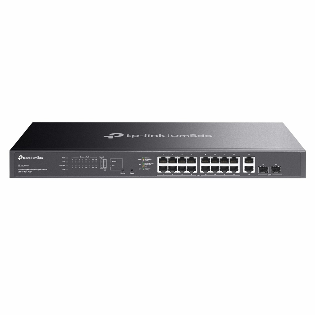 [ES220GMP] TP-Link - Switch Easy Managed 20 Puertos Gigabit con 16 Puertos PoE+ 2 x Puertos RJ45 Gigabit 2 x Puertos Gigabit SFP 250W Potencia PoE Total [Omada]