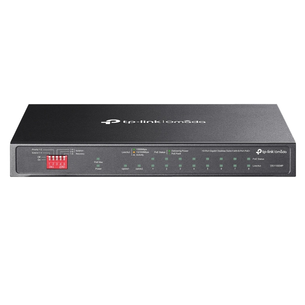 [DS110GMP] TP-Link - Switch de Escritorio No Gestionado Gigabit de 10 puertos con 8 Puertos PoE+ (9 x Gigabit RJ45 Puertos 1 x Gigabit combo SFP/RJ45 Puerto) [Omada]