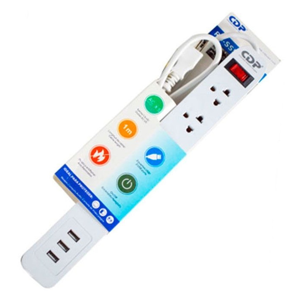 [RU-SS5] CDP - Regleta Protector de Sobretensiones con Interruptor de Luz [5] Tomas + 3 USB 2.1 Amp 110V/2200W