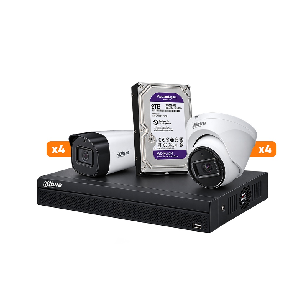 [KITCAM21] Dahua – Kit 8 Cámaras de Seguridad IP 4 Domo 1080P [2MP] 4 Bullet 1080P [2MP] y NVR 8CH con 8 PoE 4K H.265+ 1 HDD 2TB