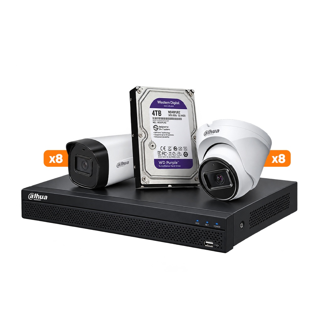 [KITCAM22] Dahua – Kit 16 Cámaras de Seguridad IP 8 Domo 1080P [2MP] 8 Bullet 1080P [2MP] y NVR 16CH con 16 PoE 4K H.265+ 1 HDD 4TB