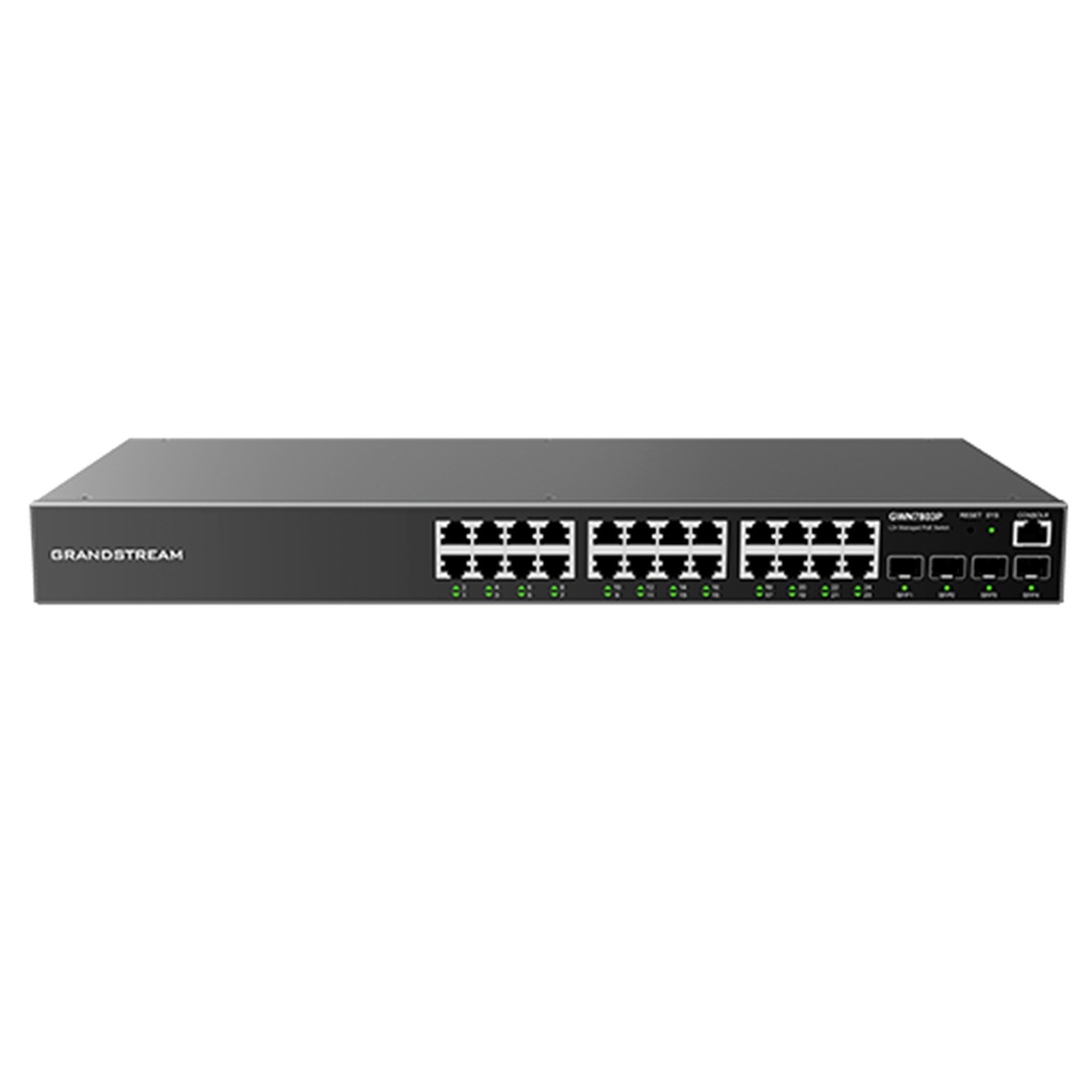 [GWN7803P] Grandstream - Switch PoE Administrable switch Capa 2+ con 24 puertos Gigabit Ethernet y 4 puertos SFP 24 puertos PoE IEEE 802.3af/at presupuesto total de 370W capacidad de conmutación de 56Gbps