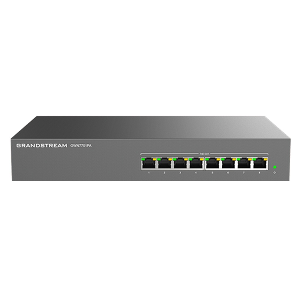 [GWN7701PA] Grandstream - Switch PoE No Administrable 8 puertos RJ45 10/100/1000 Mbps 8 puertos PoE IEEE 802.3af y 802.3at presupuesto total de 145W capacidad de conmutación de 16Gbps