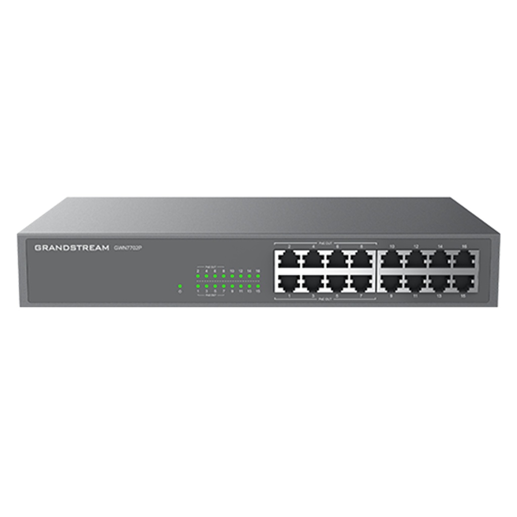 [GWN7702P] Grandstream - Switch PoE No Administrable 16 puertos RJ45 10/100/1000 Mbps 8 puertos PoE IEEE 802.3af y 802.3at presupuesto total de 138W capacidad de conmutación de 32Gbps