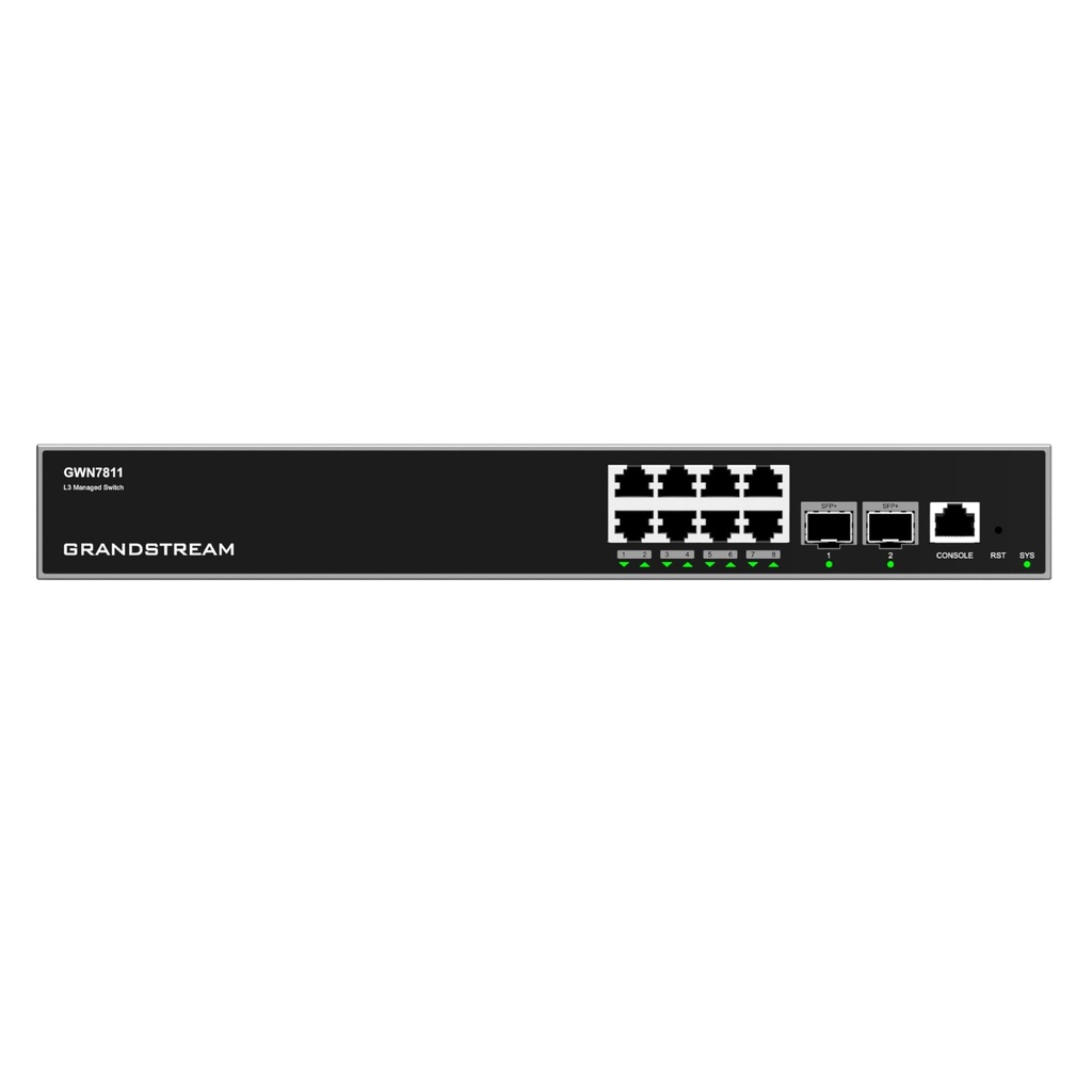 [GWN7811] Grandstream - Switch Capa 3 8 puertos Gigabit Ethernet y 2 puertos SFP+ de 10 Gigabit capacidad de conmutación de 56Gbps sin PoE