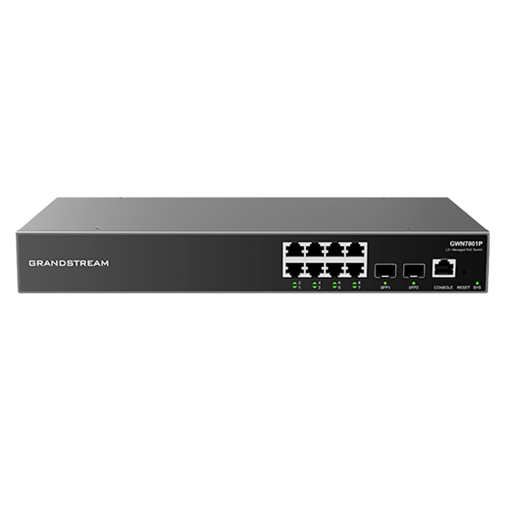 [GWN7801P] Grandstream - Switch PoE Administrable switch Capa 2+ con 8 puertos Gigabit Ethernet y 2 puertos SFP 8 puertos PoE IEEE 802.3af/at presupuesto total de 130W capacidad de conmutación de 20Gbps
