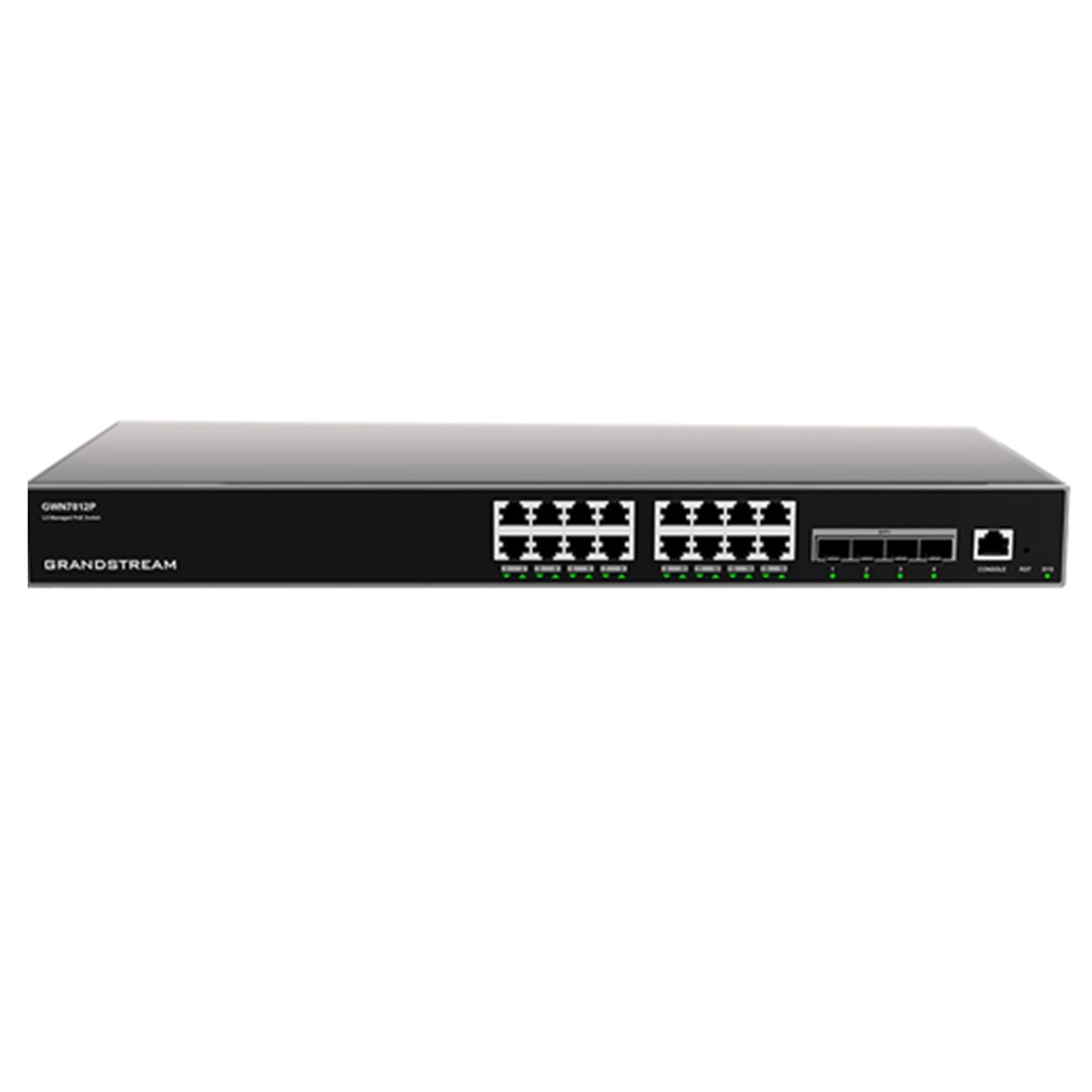 [GWN7812P] Grandstream - Switch PoE Capa 3 16 puertos Gigabit Ethernet y 2 puertos SFP+ de 10 Gigabit 16 puertos PoE IEEE 802.3af/at presupuesto total de 240W capacidad de conmutación de 112Gbps