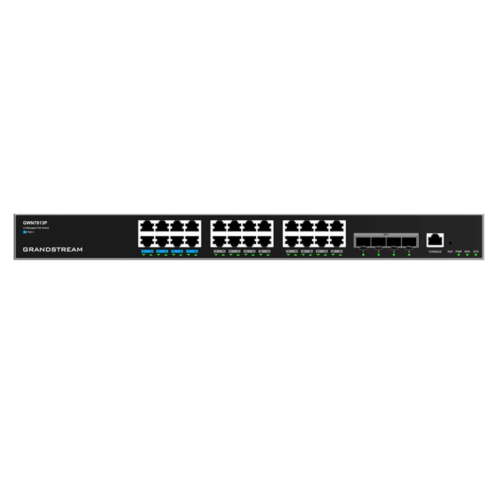 [GWN7813P] Grandstream - Switch PoE Capa 3 24 puertos Gigabit Ethernet y 4 puertos SFP+ de 10 Gigabit 24 puertos PoE IEEE 802.3af/at/bt presupuesto total de 370W capacidad de conmutación de 128Gbps