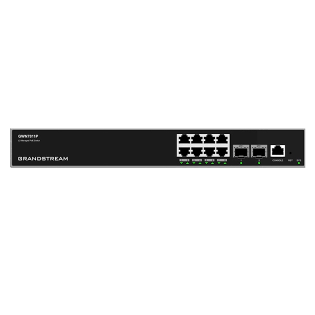 [GWN7811P] Grandstream - Switch PoE Capa 3 8 puertos Gigabit Ethernet y 2 puertos SFP+ de 10 Gigabit 8 puertos PoE IEEE 802.3af/at presupuesto total de 120W capacidad de conmutación de 56Gbps