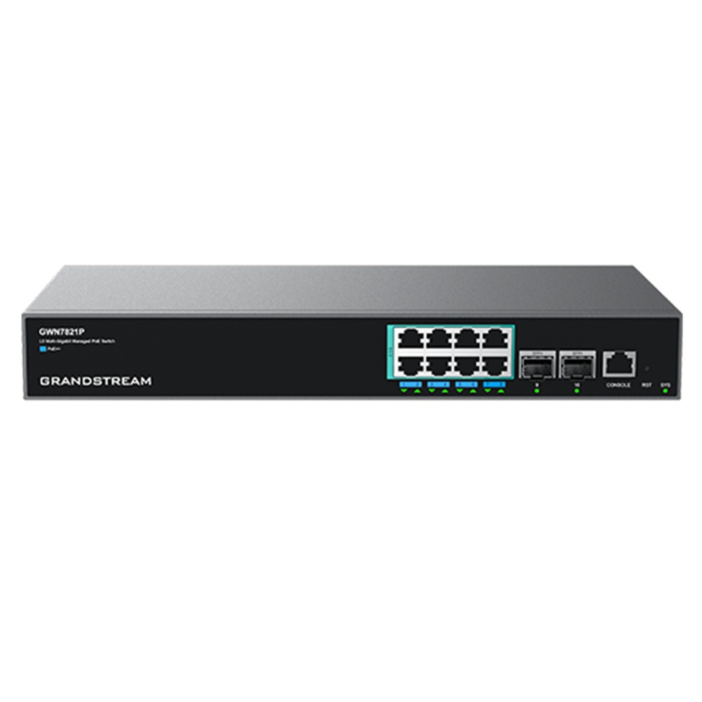 [GWN7821P] Grandstream - Switch PoE Capa 3 8 puertos de 2.5G y 2 puertos SFP+ 8 puertos PoE IEEE 802.3af/at/bt presupuesto total de 240W capacidad de conmutación de 80Gbps