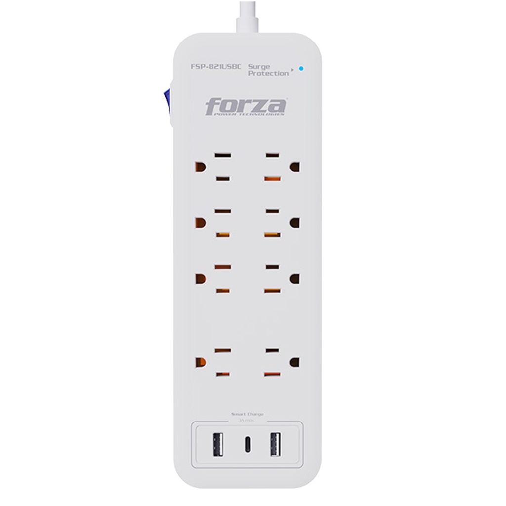 [FSP-821USBC] Forza: Protector Contra Sobretensiones 1625W/2450J 8 Tomas 2 USB-A 1 USB-C 110V/220V