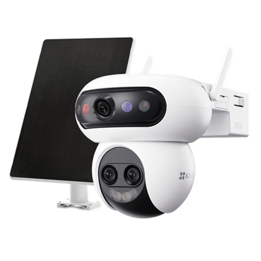[CS-HB90f/SP-R100(5MP+5MP+5MP)] Ezviz - Kit Cámara IP PT Inalámbrica HD 3K Triple Lente [5MP] + [5MP] + [5MP] Wi-Fi con Batería y Panel Solar Zoom Híbrido 12x Reconocimiento Facial Local Exterior